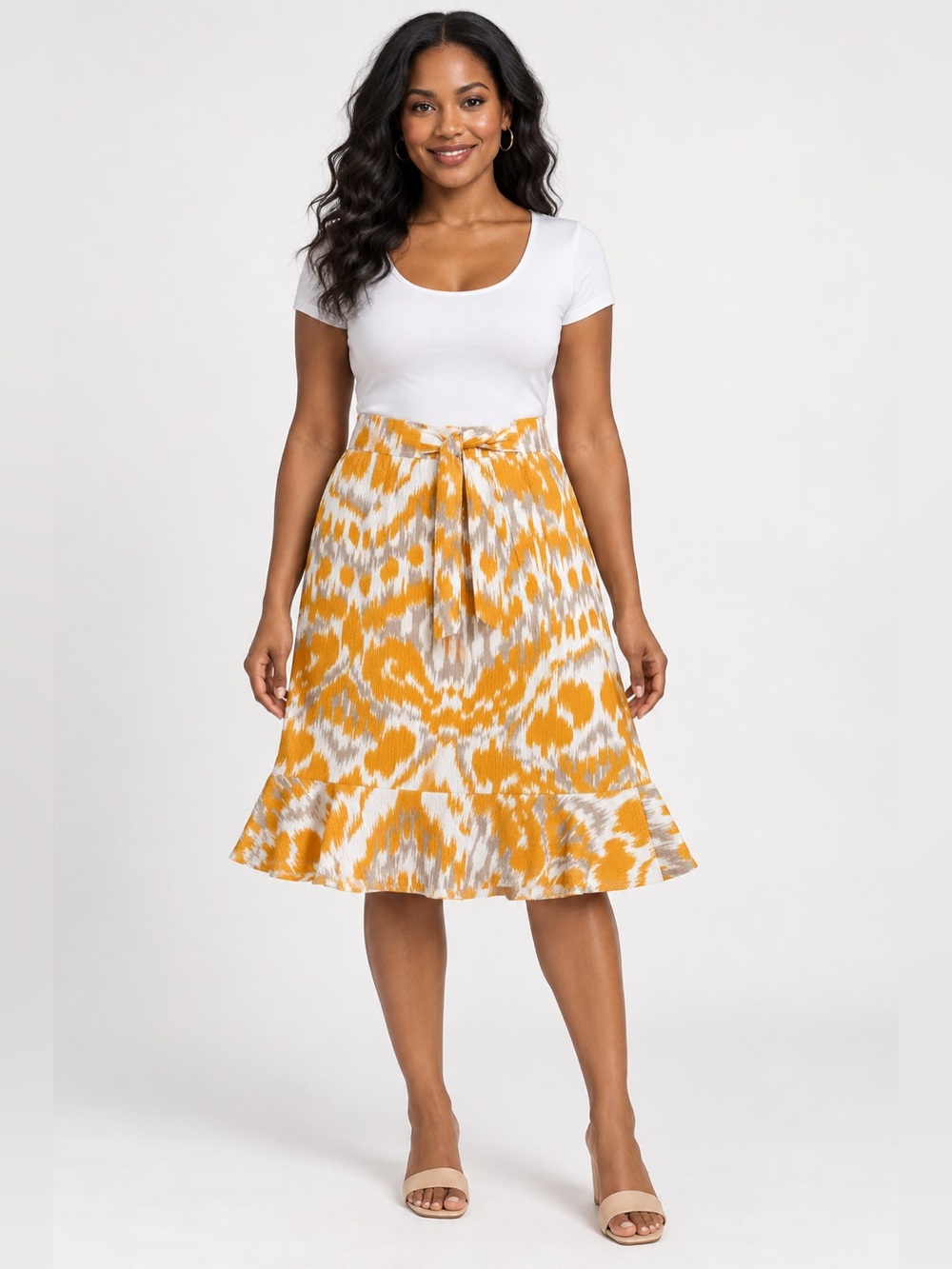 SOHO Apparel Womens M Orange White Abstract Print Ruffle Hem Tie Waist Skirt